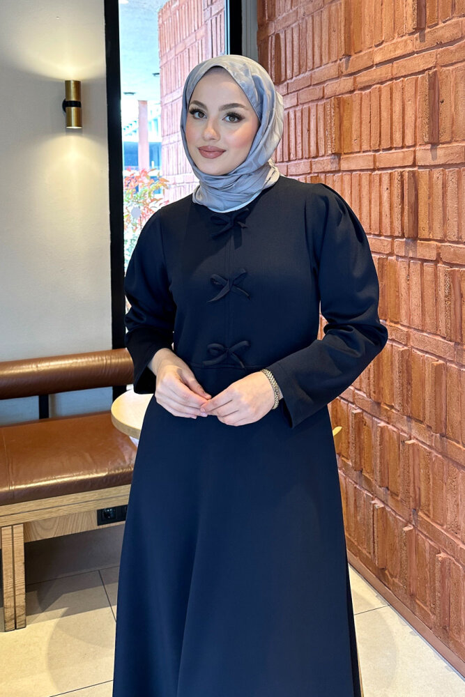 Kurdele Detaylı Scuba Elbise - Lacivert - 2