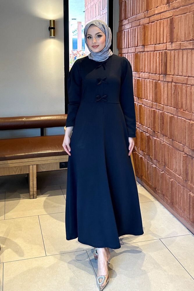 Kurdele Detaylı Scuba Elbise - Lacivert - 1