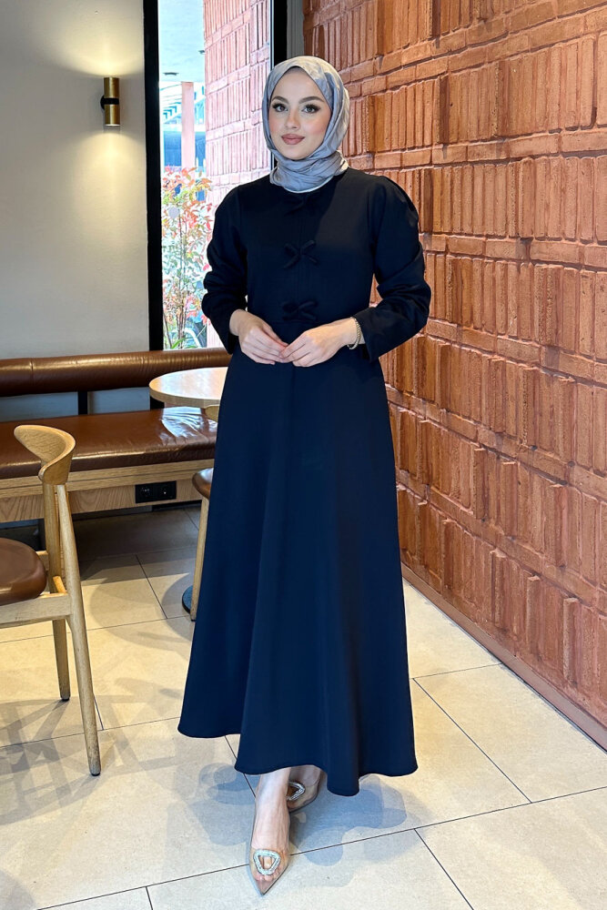 Kurdele Detaylı Scuba Elbise - Lacivert - 4