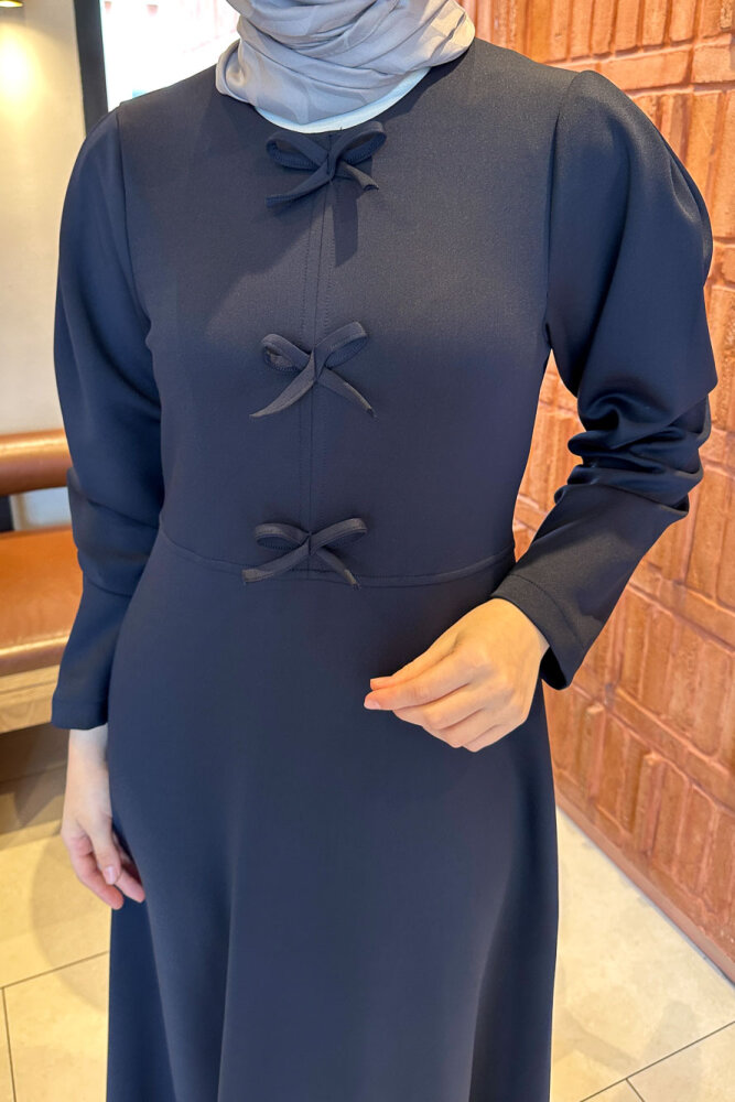 Kurdele Detaylı Scuba Elbise - Lacivert - HENZA (2)