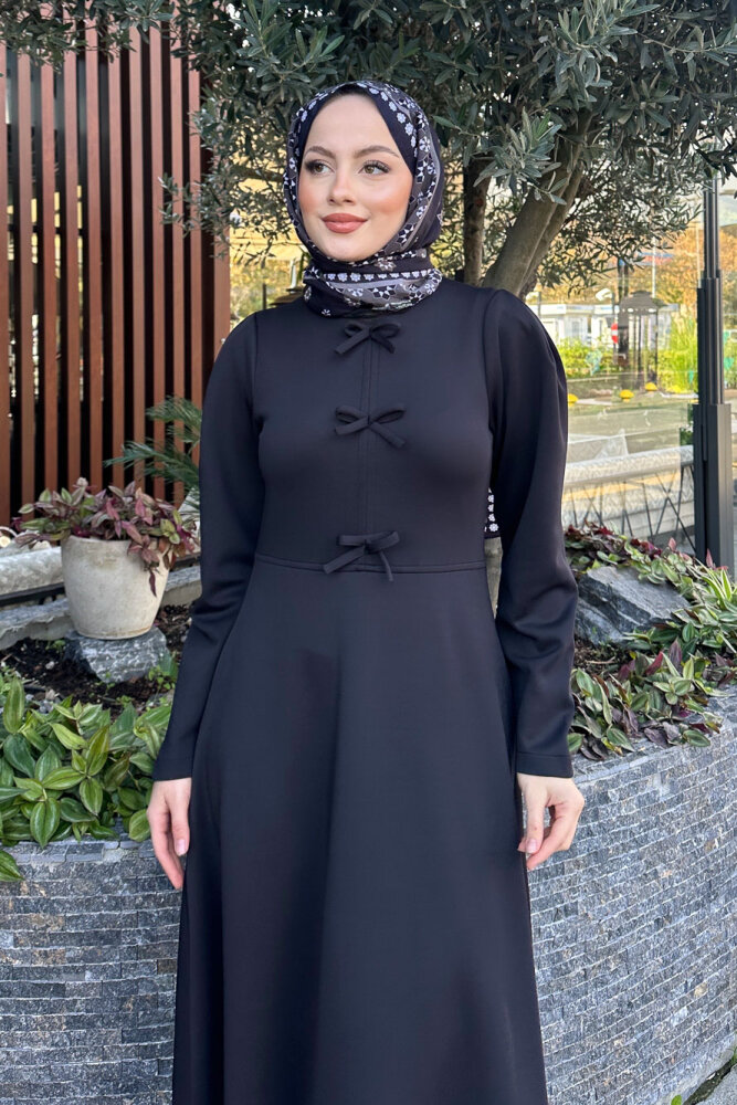 Kurdele Detaylı Scuba Elbise - Siyah - HENZA (1)