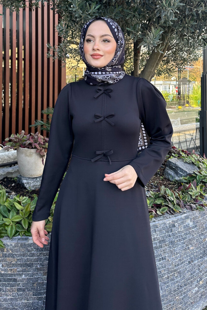 Kurdele Detaylı Scuba Elbise - Siyah - HENZA (4)