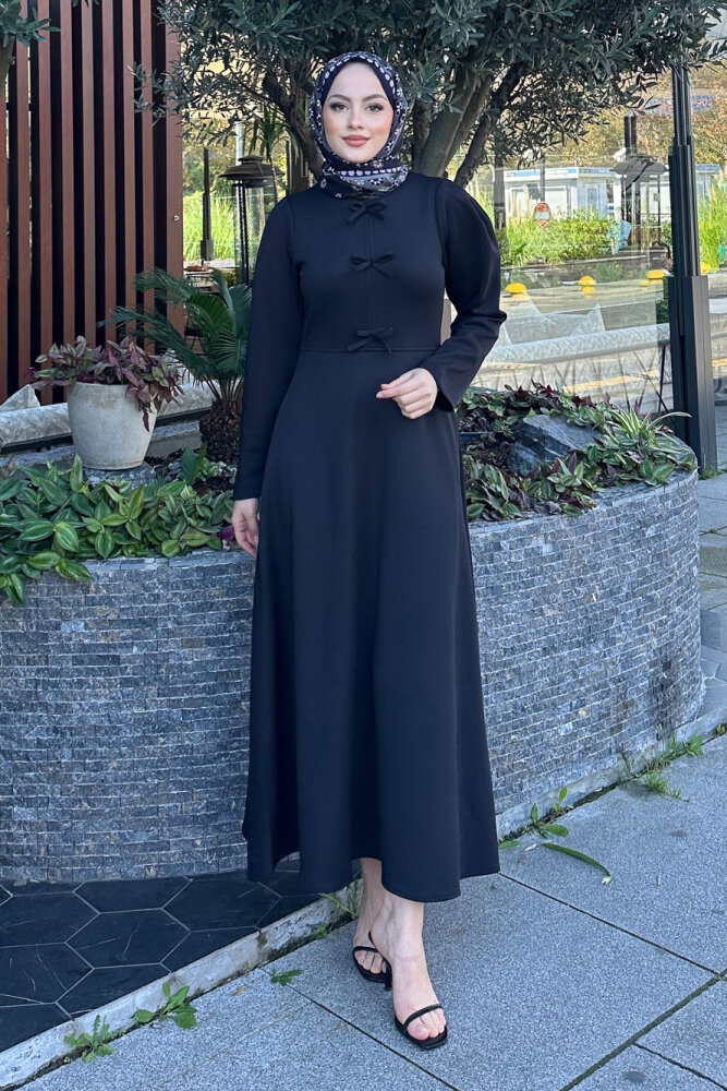 Kurdele Detaylı Scuba Elbise - Siyah - HENZA (3)