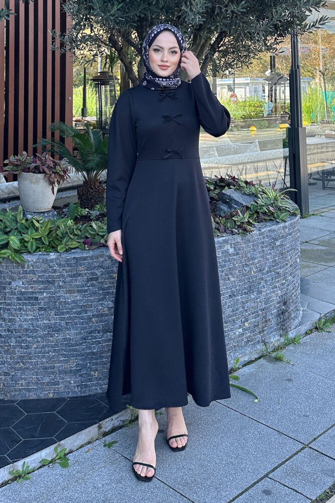 Kurdele Detaylı Scuba Elbise - Siyah - 7