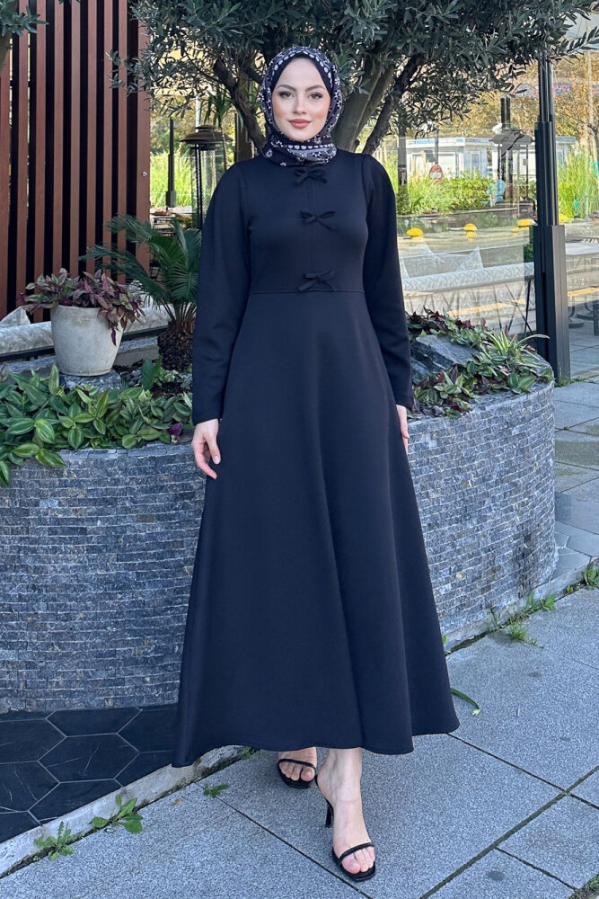 Kurdele Detaylı Scuba Elbise - Siyah - HENZA (0)