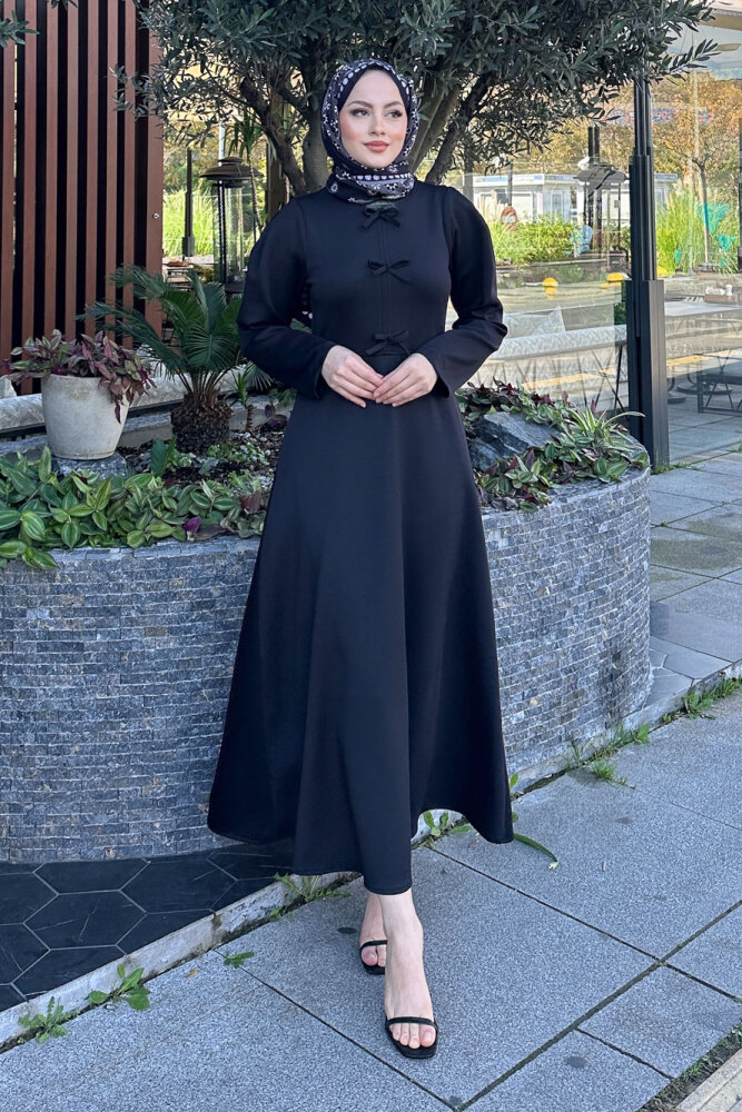 Kurdele Detaylı Scuba Elbise - Siyah - HENZA (5)