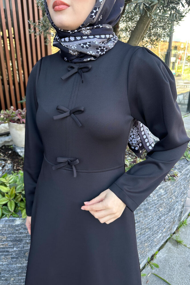 Kurdele Detaylı Scuba Elbise - Siyah - 3
