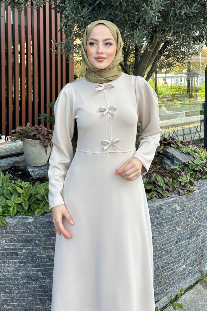 Kurdele Detaylı Scuba Elbise - Taş Rengi - HENZA (1)