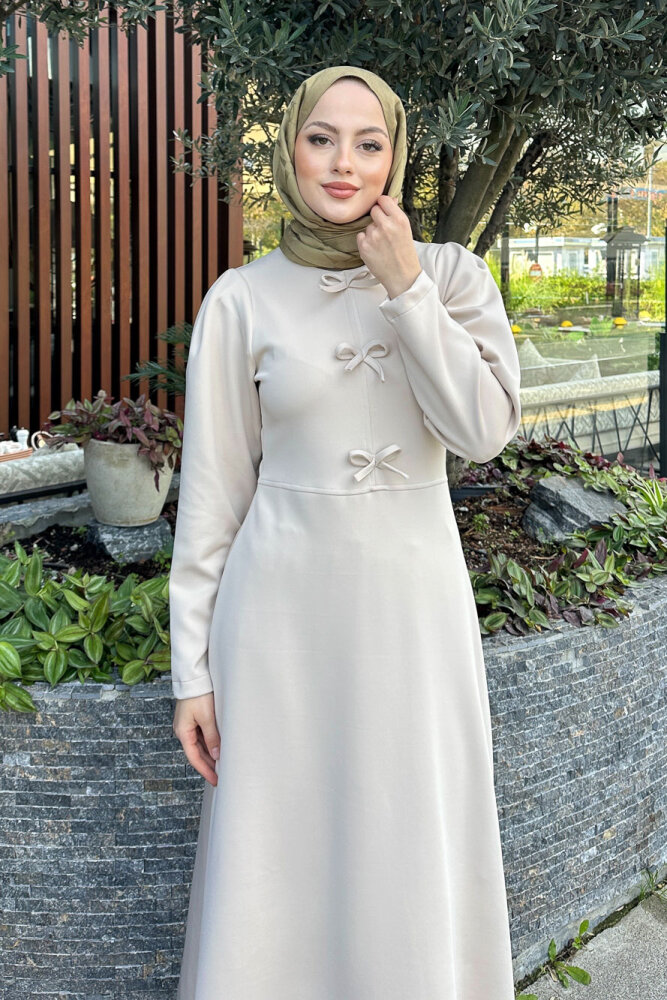 Kurdele Detaylı Scuba Elbise - Taş Rengi - 5
