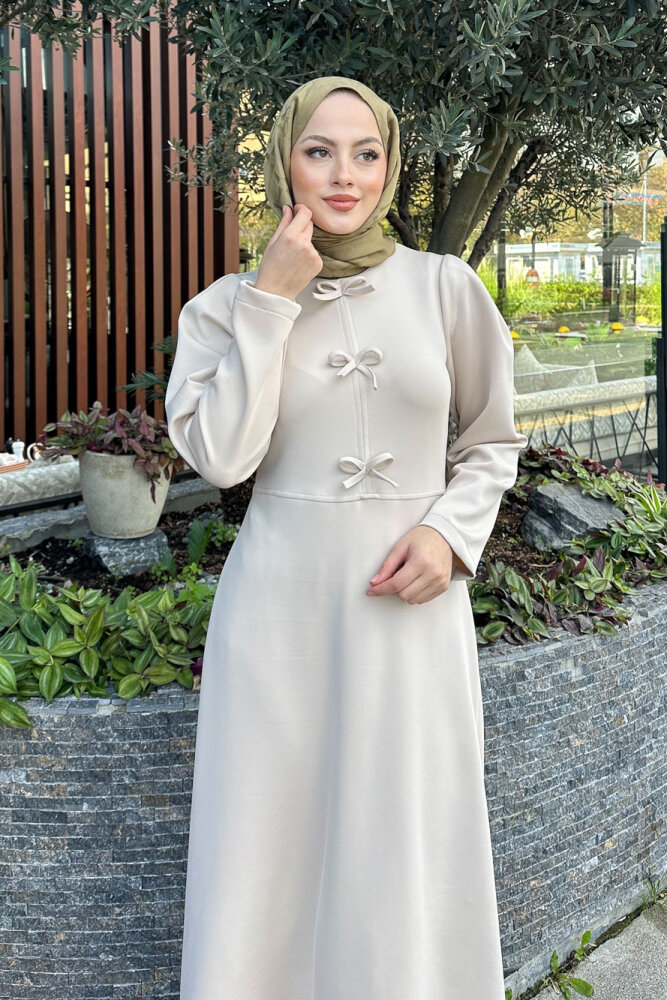 Kurdele Detaylı Scuba Elbise - Taş Rengi - 6