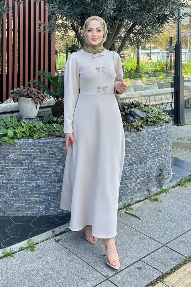 Kurdele Detaylı Scuba Elbise - Taş Rengi - HENZA (3)