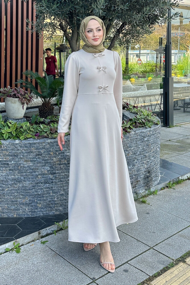 Kurdele Detaylı Scuba Elbise - Taş Rengi - HENZA (0)