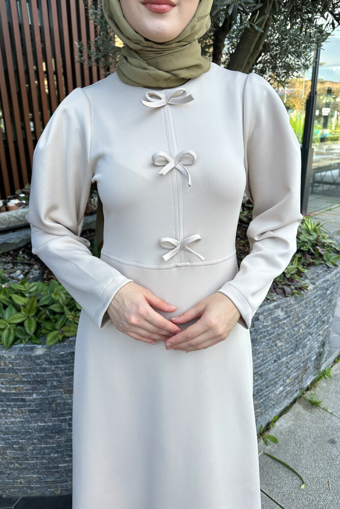 Kurdele Detaylı Scuba Elbise - Taş Rengi - HENZA (2)