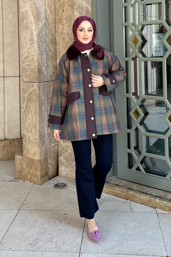 Kürk Yaka Garnili Ekose Trenç - Bordo - HEWES (1)