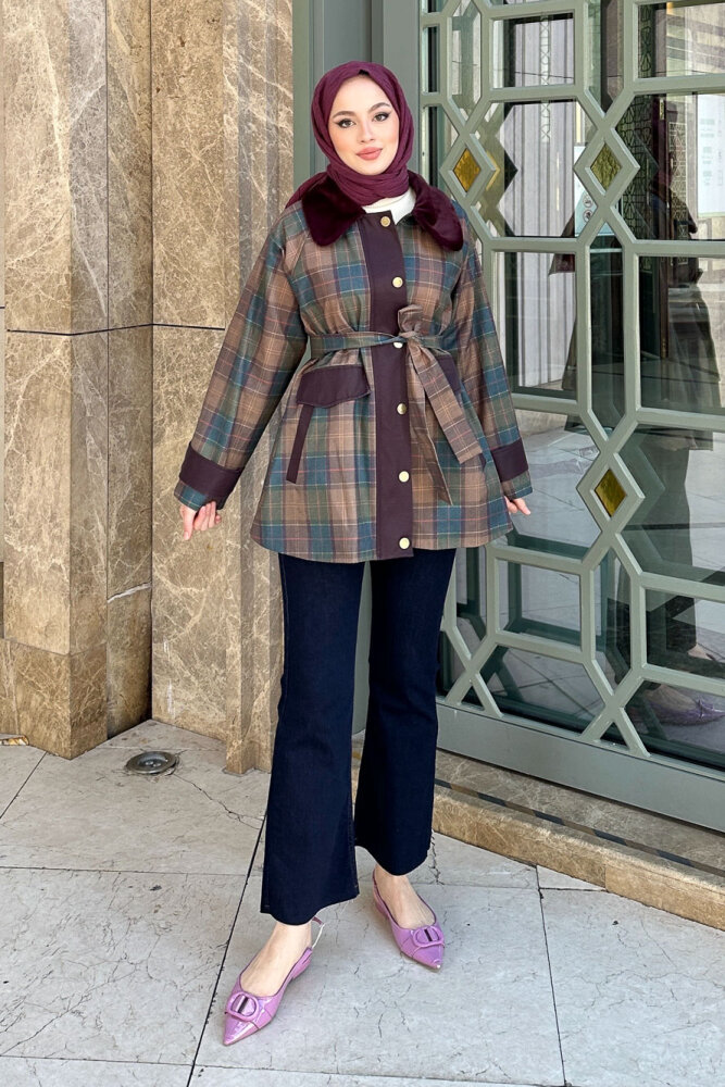 Kürk Yaka Garnili Ekose Trenç - Bordo - HEWES (0)