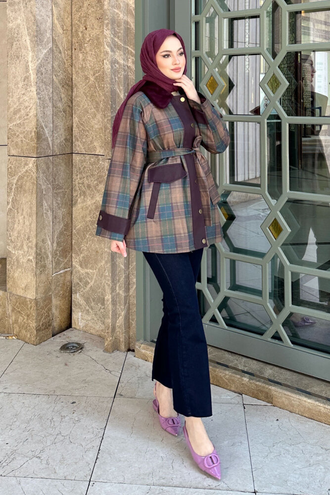 Kürk Yaka Garnili Ekose Trenç - Bordo - 5