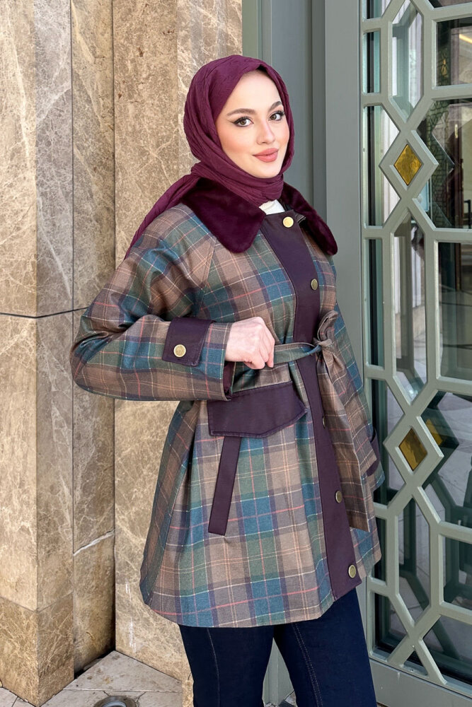 Kürk Yaka Garnili Ekose Trenç - Bordo - 6