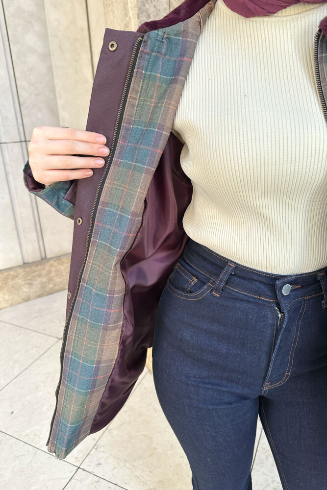 Kürk Yaka Garnili Ekose Trenç - Bordo - 8