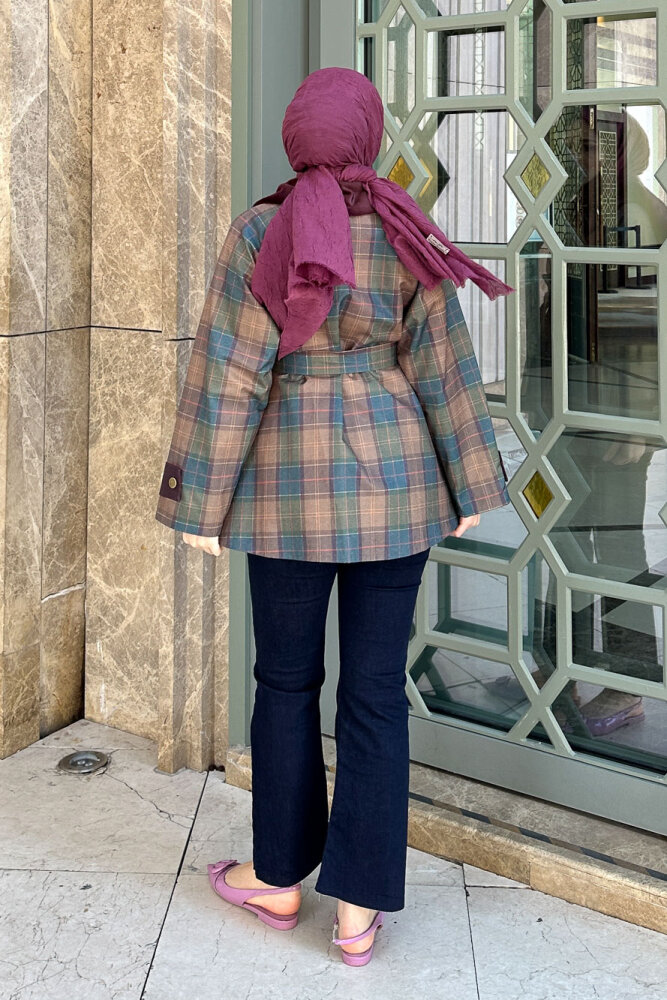 Kürk Yaka Garnili Ekose Trenç - Bordo - 7