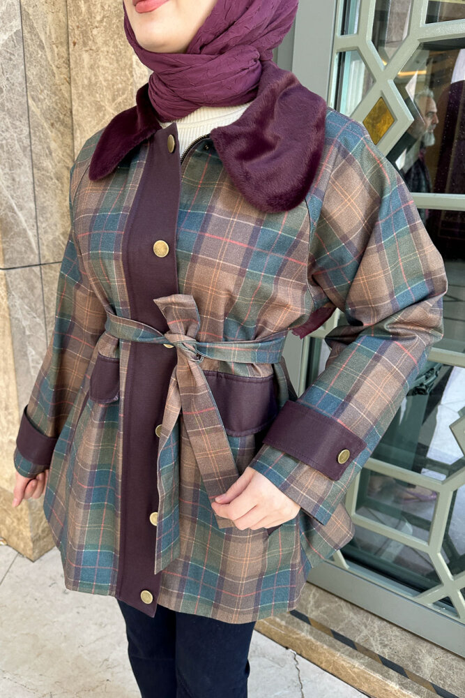 Kürk Yaka Garnili Ekose Trenç - Bordo - HEWES (3)