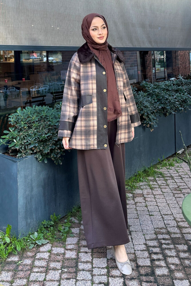 Kürk Yaka Garnili Ekose Trenç - Kahverengi - 1