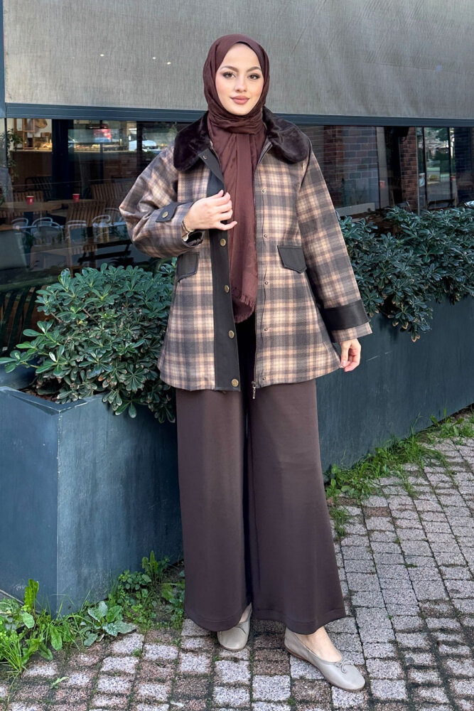 Kürk Yaka Garnili Ekose Trenç - Kahverengi - HEWES (5)