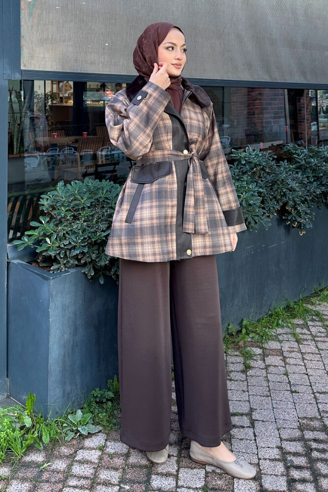 Kürk Yaka Garnili Ekose Trenç - Kahverengi - HEWES (3)