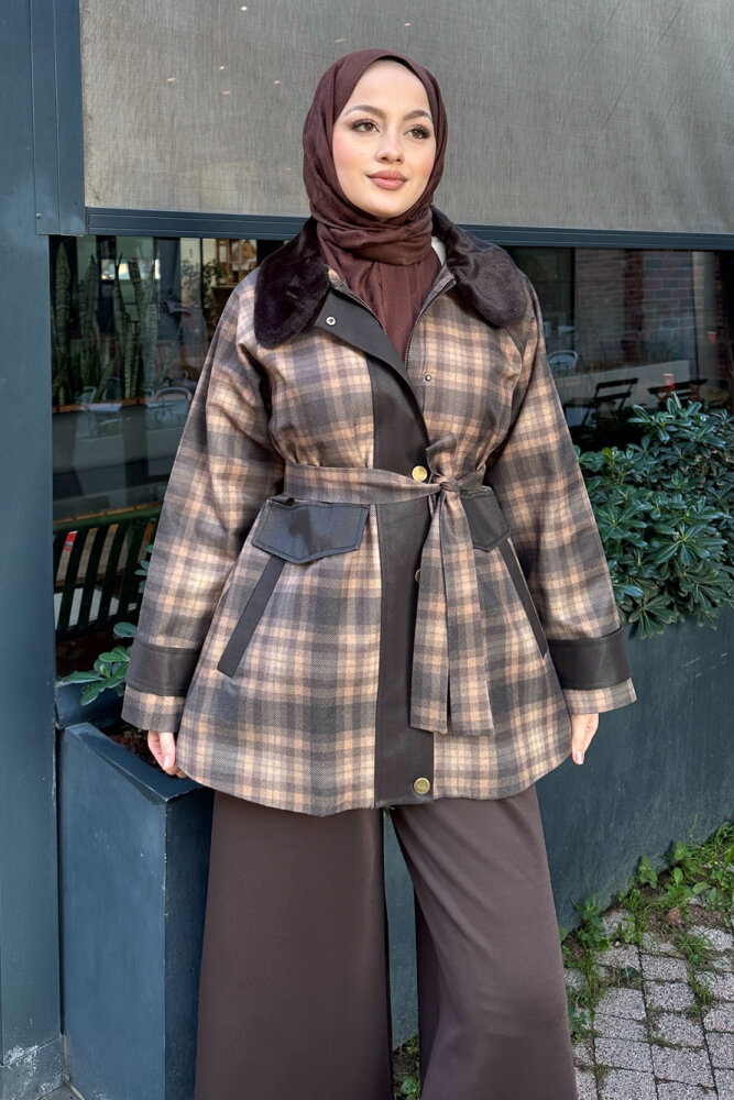 Kürk Yaka Garnili Ekose Trenç - Kahverengi - 2