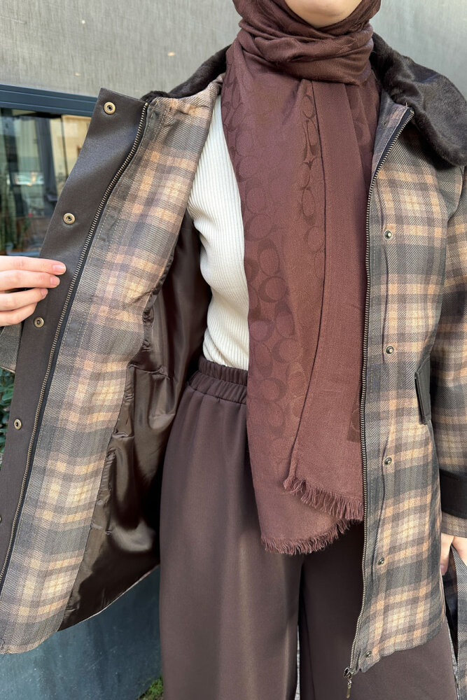 Kürk Yaka Garnili Ekose Trenç - Kahverengi - 5