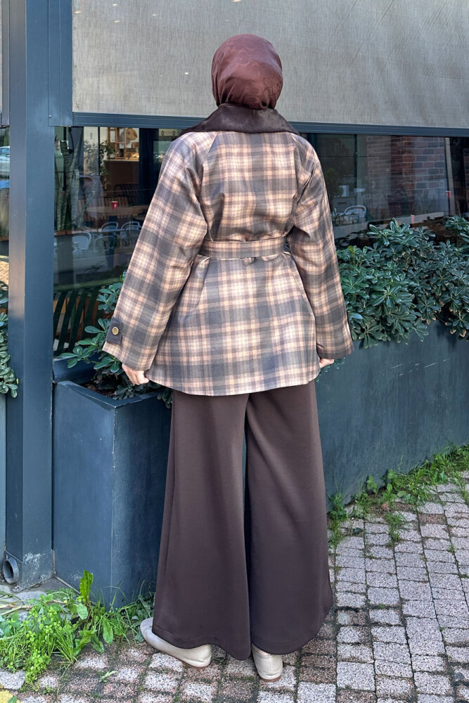 Kürk Yaka Garnili Ekose Trenç - Kahverengi - 8