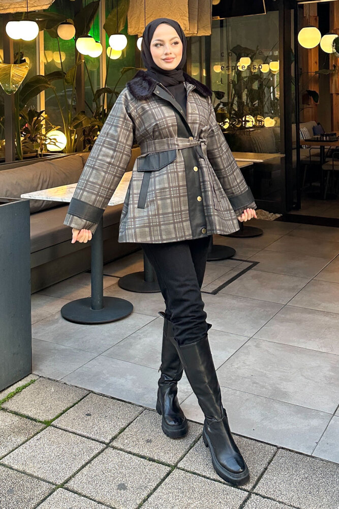 Kürk Yaka Garnili Ekose Trenç - Siyah - 1