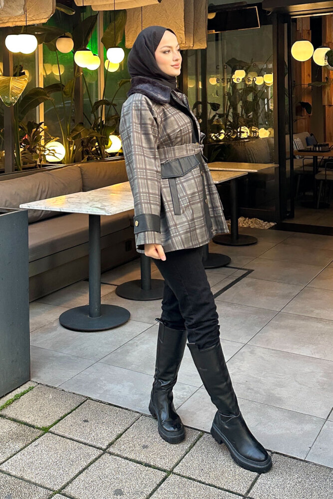 Kürk Yaka Garnili Ekose Trenç - Siyah - 7