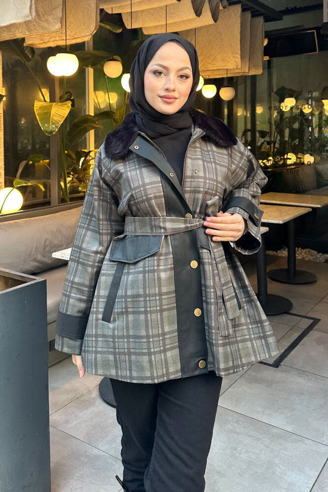 Kürk Yaka Garnili Ekose Trenç - Siyah - HEWES (2)