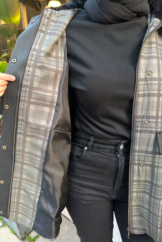 Kürk Yaka Garnili Ekose Trenç - Siyah - 8