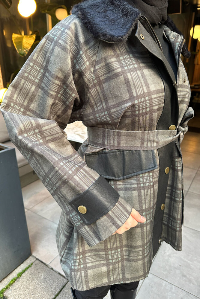 Kürk Yaka Garnili Ekose Trenç - Siyah - HEWES (3)