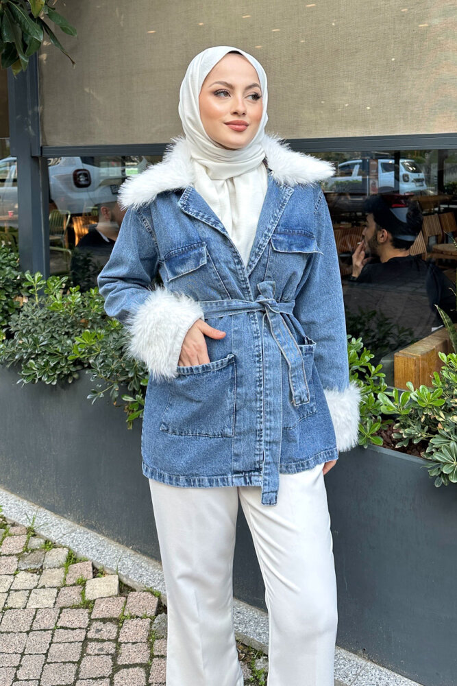 Kürklü Denim Ceket - Açık Mavi - 2