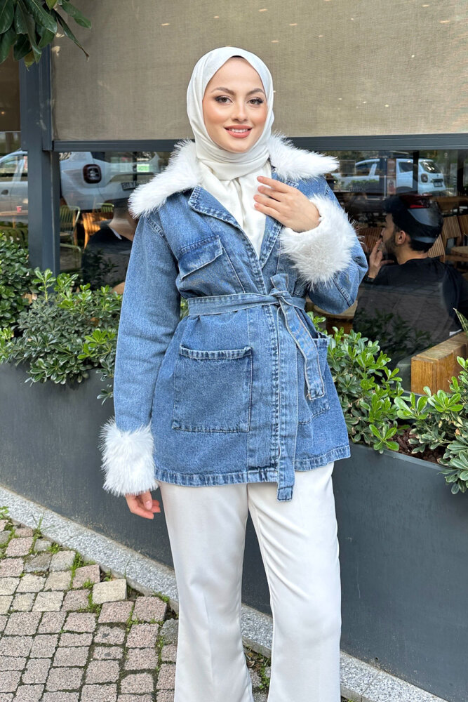Kürklü Denim Ceket - Açık Mavi - HENZA (4)