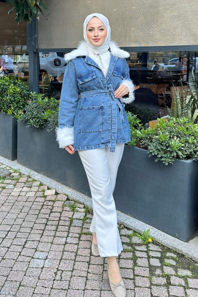 Kürklü Denim Ceket - Açık Mavi - 6