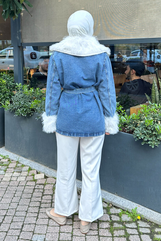 Kürklü Denim Ceket - Açık Mavi - 8