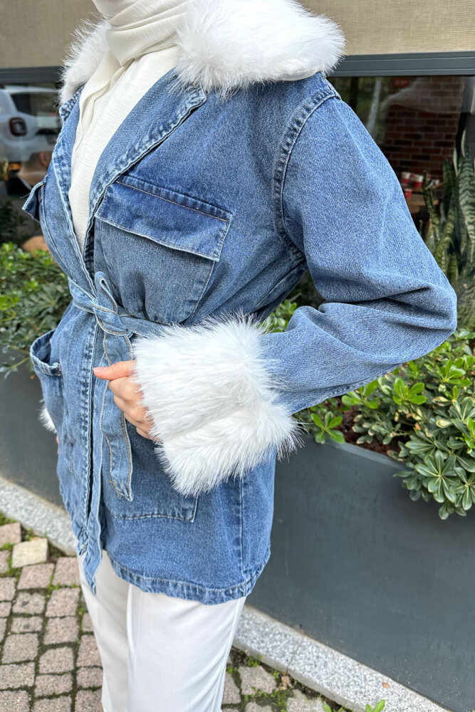 Kürklü Denim Ceket - Açık Mavi - HENZA (2)