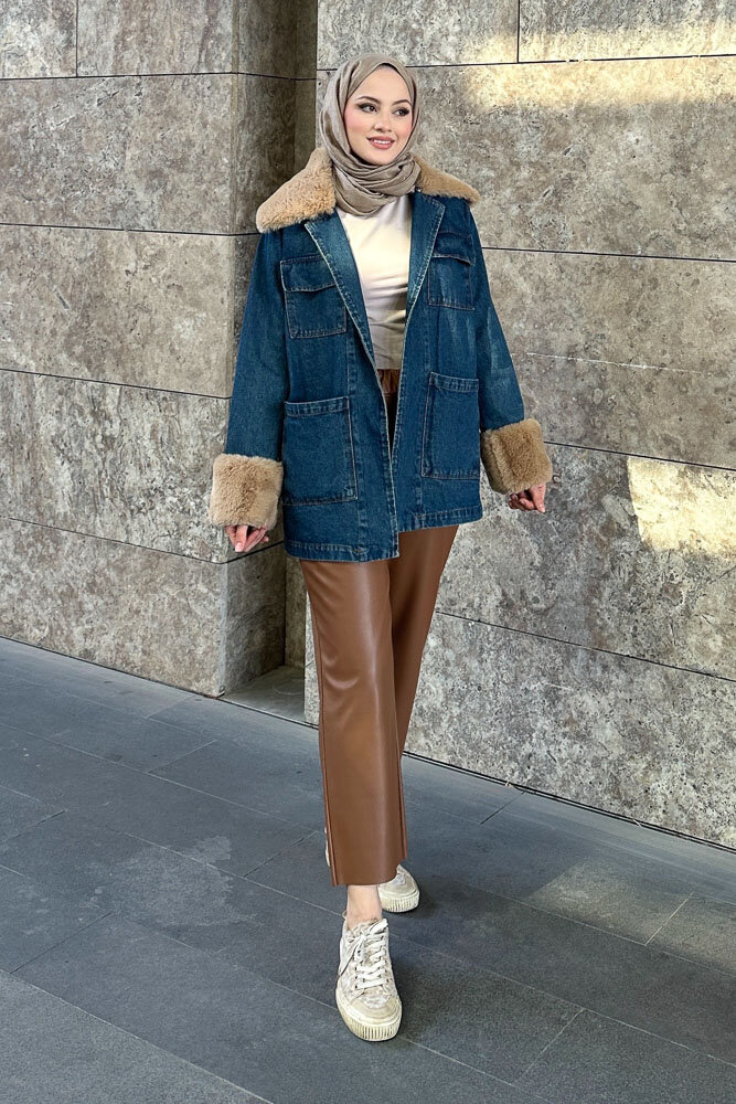 Kürklü Denim Ceket - Koyu Mavi - 5