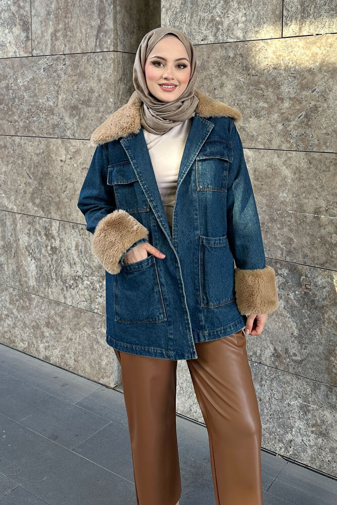 Kürklü Denim Ceket - Koyu Mavi - 4