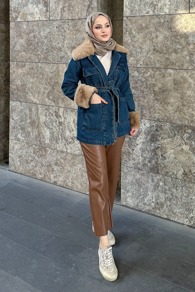 Kürklü Denim Ceket - Koyu Mavi - 7