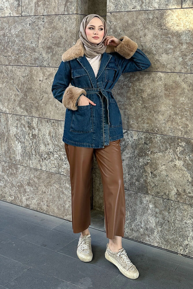 Kürklü Denim Ceket - Koyu Mavi - 1