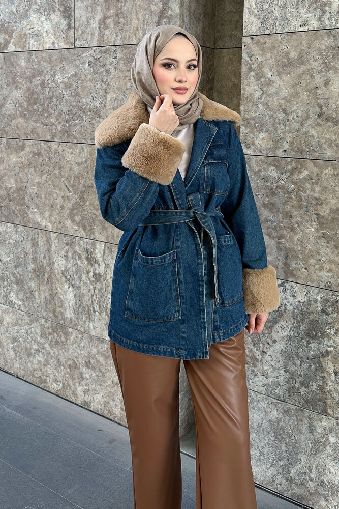 Kürklü Denim Ceket - Koyu Mavi - 6