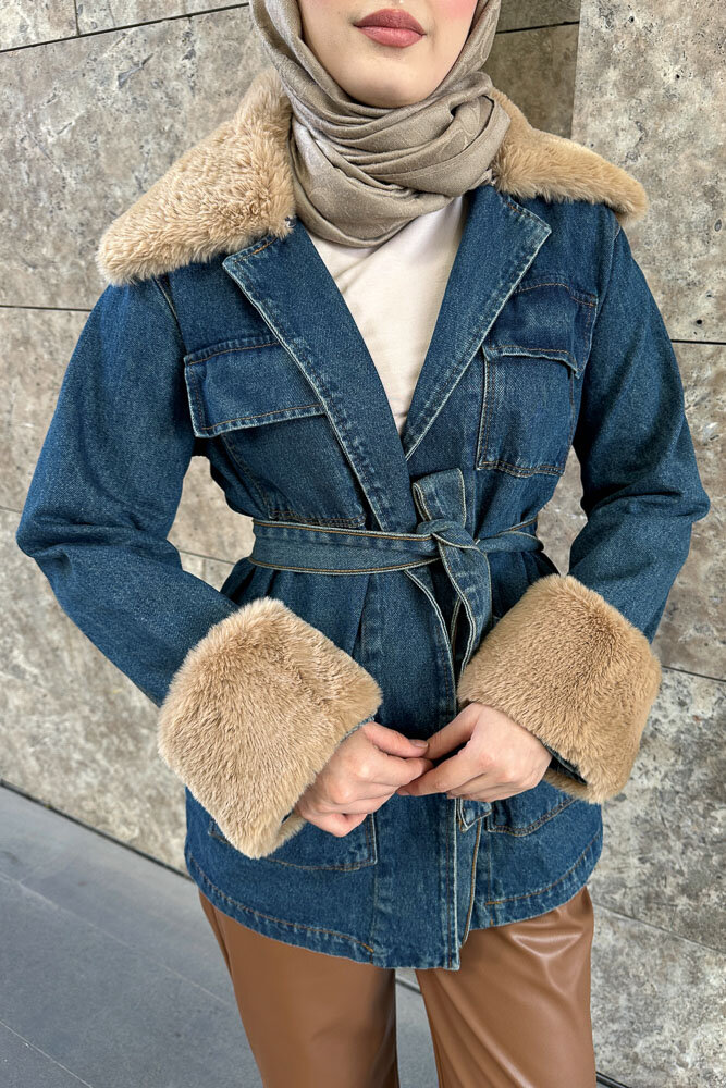 Kürklü Denim Ceket - Koyu Mavi - 3
