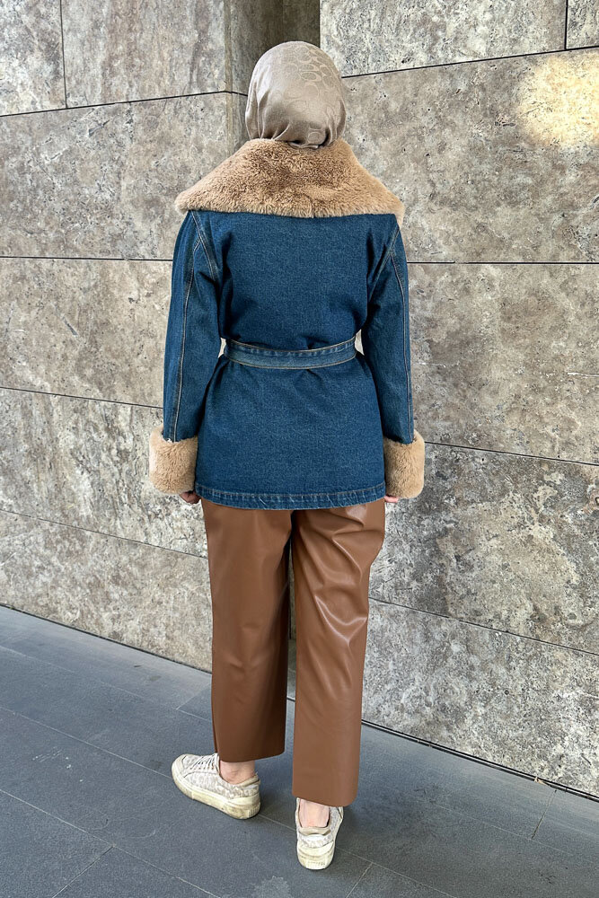 Kürklü Denim Ceket - Koyu Mavi - 8
