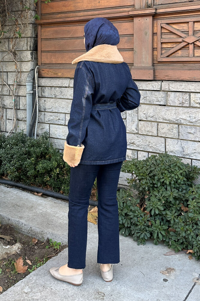 Kürklü Denim Ceket - Lacivert - 8