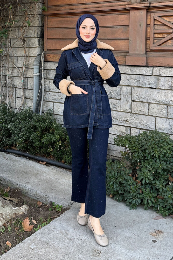 Kürklü Denim Ceket - Lacivert - HENZA (2)