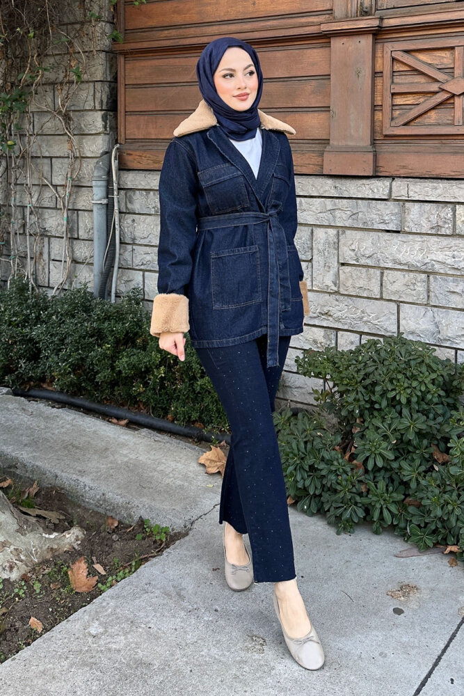 Kürklü Denim Ceket - Lacivert - HENZA (5)